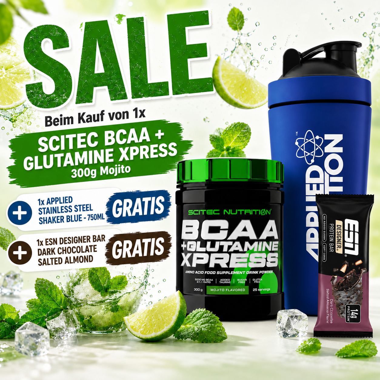 Scitec BCAA + Glutamine Xpress 300g Mojito SALE + 1x Applied Stainless Steel Shaker blue - 750ml + 1x ESN Designer Bar Dark Chocolate Salted GRATIS